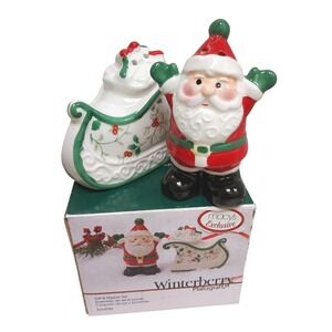 Pfaltzgraff Winterberry Santa Claus Sleigh Salt Pepper‎ Shaker Set Ceramic